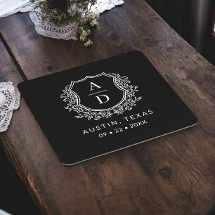 Black Monogram Wedding Floral Crest Elegant Square Paper Coaster