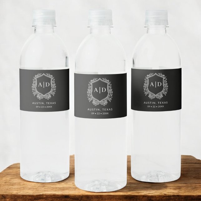 Black Monogram Wedding Floral Crest Water Bottle Label (Creator Uploaded)