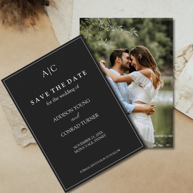 Black Monogram Wedding Photo Save the Date Card (Creator Uploaded)