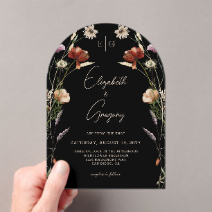 Black Monogram Wildflower Wedding Acrylic Invitations