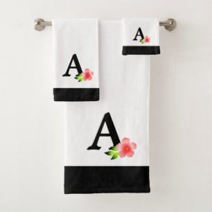 Black Monogram with Pink Flower bath towel set