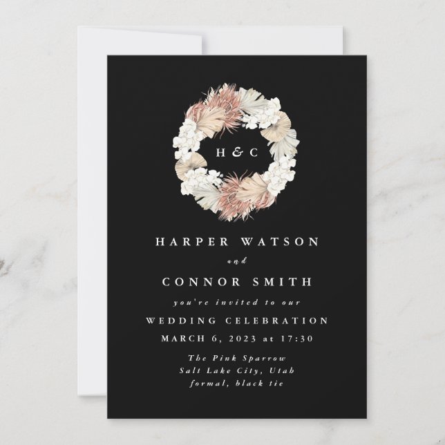 Black Monogram Wreath Pampas Grass Floral Tropical Invitation (Front)
