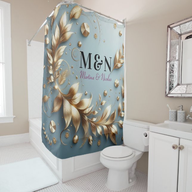 Black Monogrammed Bridal Wedding Modern Script Shower Curtain (In Situ)