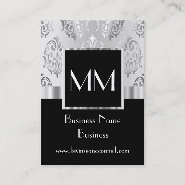 Black monogrammed damask business card (Front)