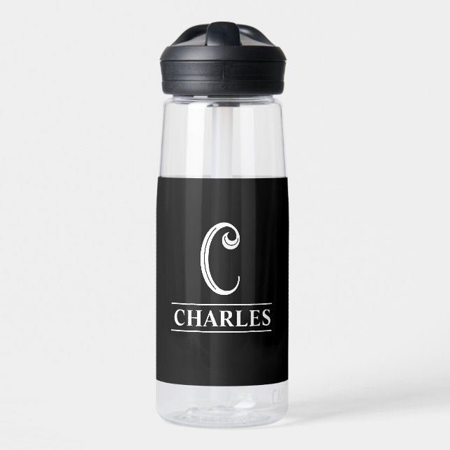 Black Monogrammed  Water Bottle (Front)