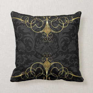Black Monotones Floral Damasks & Gold Frame Cushion