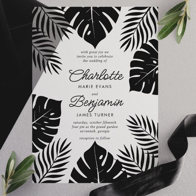 Black Monstera Tropical Wedding Vellum Invitations (Creator Uploaded)