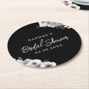 Black Moody Anemone & Purple Floral Bridal Shower Round Paper Coaster
