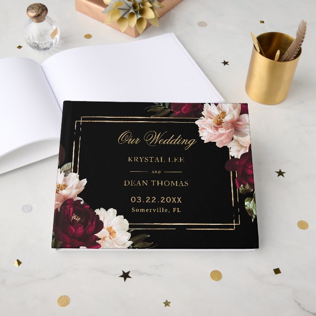 Black Moody Burgundy Blush Floral Wedding Seating  Guest Book (Front Open)