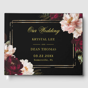 Black Moody Burgundy Blush Floral Wedding Seating  Guest Book