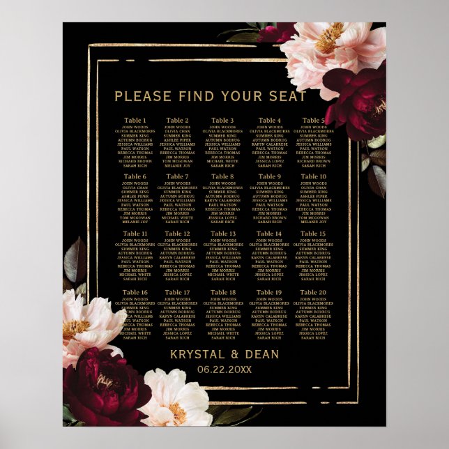 Black Moody Burgundy Blush Floral Wedding Seating  Poster (Front)