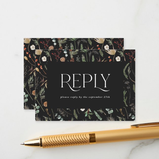 Black moody floral botanical elegant wedding reply enclosure card (Front/Back In Situ)