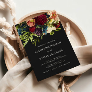 Black Moody Floral Burgundy Wedding  Invitation