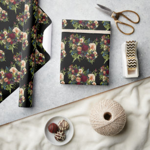Black Moody Floral Burgundy Wedding  Wrapping Paper