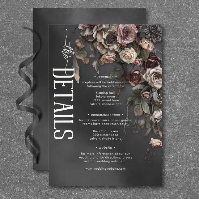 Black Moody Gothic Flowers & Mist Wedding Details Enclosure Card (Black Moody Gothic Flowers & Mist Wedding Details Enclosure Card)