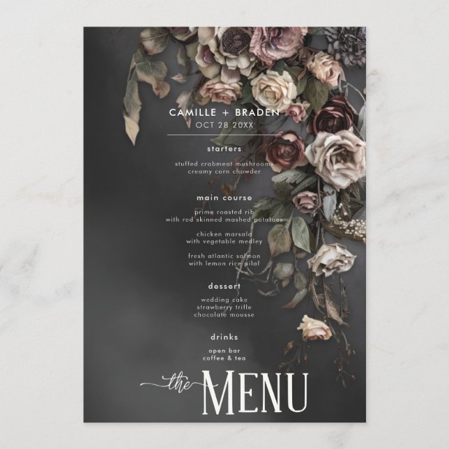 Black Moody Gothic Flowers & Mist Wedding Menu (Front)