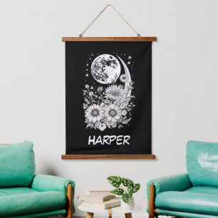 black moon and flowers customised with name hanging tapestry