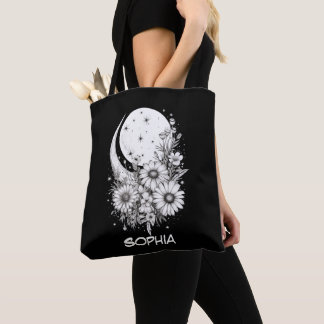 black moon and flowers customised with name  tote bag