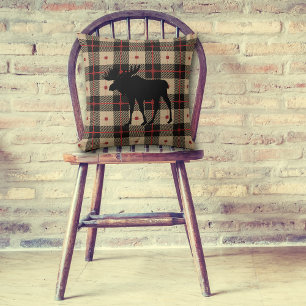 Black Moose on Buffalo Plaid Pattern Cushion