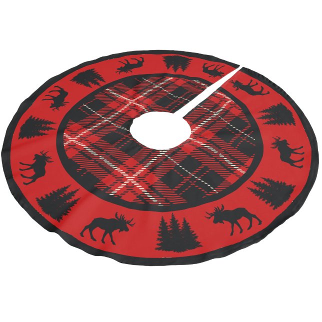 Black Moose Red and Black Cabin Plaid Brushed Polyester Tree Skirt (Angled)