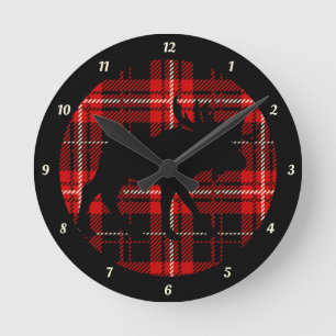 Black Moose Red Black Plaid Round Clock