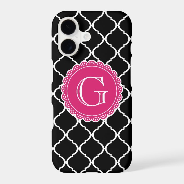 Black Moroccan Lattice Pattern Hot Pink Monogram (Back)