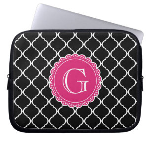 Black Moroccan Lattice Pattern Hot Pink Monogram Laptop Sleeve