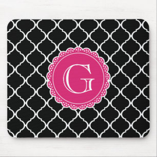 Black Moroccan Lattice Pattern Hot Pink Monogram Mouse Pad