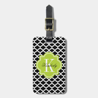 Black Moroccan Pattern with Lime Green Monogram Luggage Tag