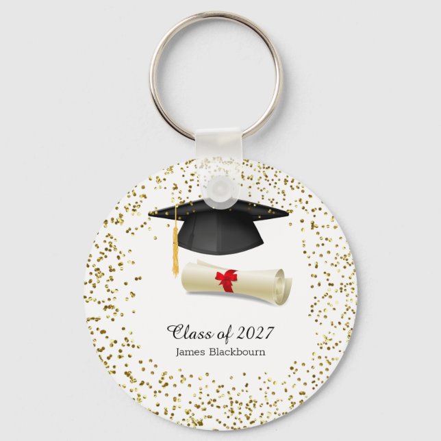 Black mortar, golden effect confetti Graduation Key Ring (Front)