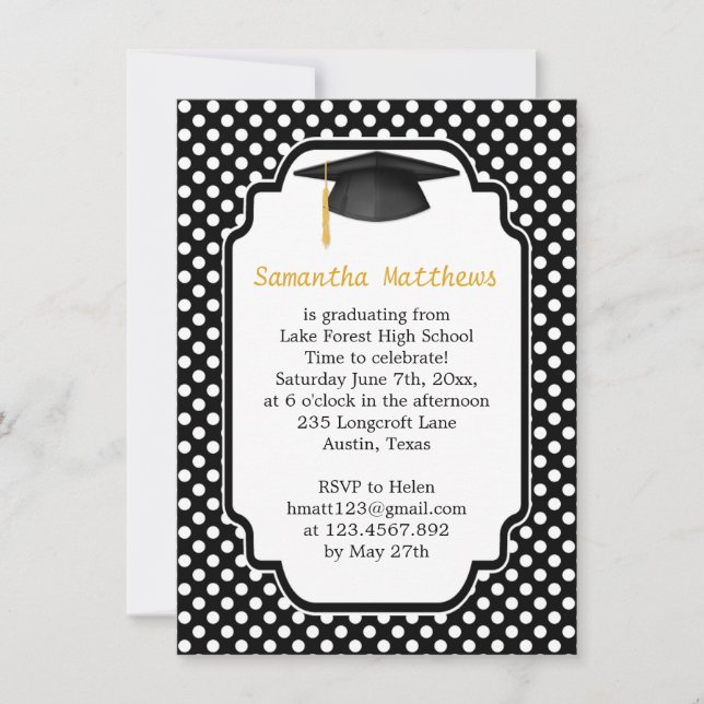 Black mortar, polka dot Graduation Party Invite (Front)