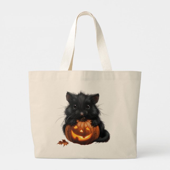 Black Mouse On Pumpkin Large Tote Bag (Back)