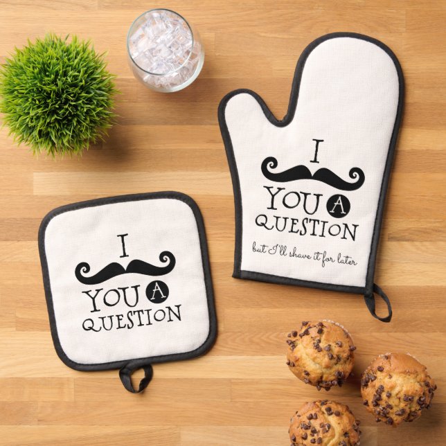 Black Moustache Humour Oven Mitt & Pot Holder Set (Top Down)