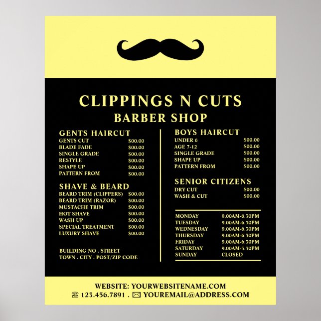 Black Moustache, Men's Barbers Price List Poster (Front)