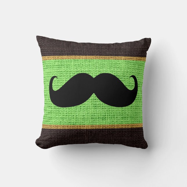 Black Moustache Mint Green Burlap Jute Background Cushion (Front)