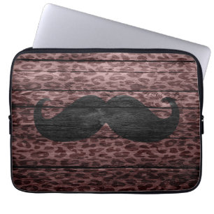 Black Moustache on Brown Leopard Wooden Laptop Sleeve