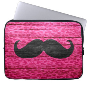 Black Moustache on Hot Pink Leopard Wooden Laptop Sleeve