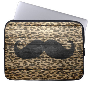 Black Moustache on Vintage Leopard Wooden Laptop Sleeve