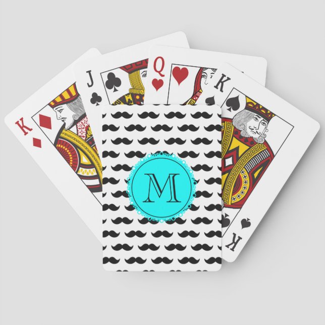 Black Moustache Pattern, Aqua Blue Monogram Playing Cards (Back)