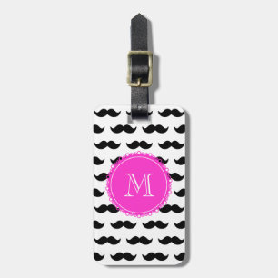 Black Moustache Pattern, Hot Pink Monogram Luggage Tag
