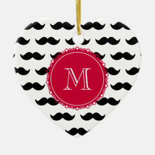 Black Moustache Pattern, Red Monogram Ceramic Tree Decoration