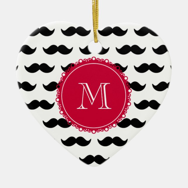 Black Moustache Pattern, Red Monogram Ceramic Tree Decoration (Front)