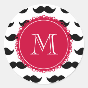 Black Moustache Pattern, Red Monogram Classic Round Sticker
