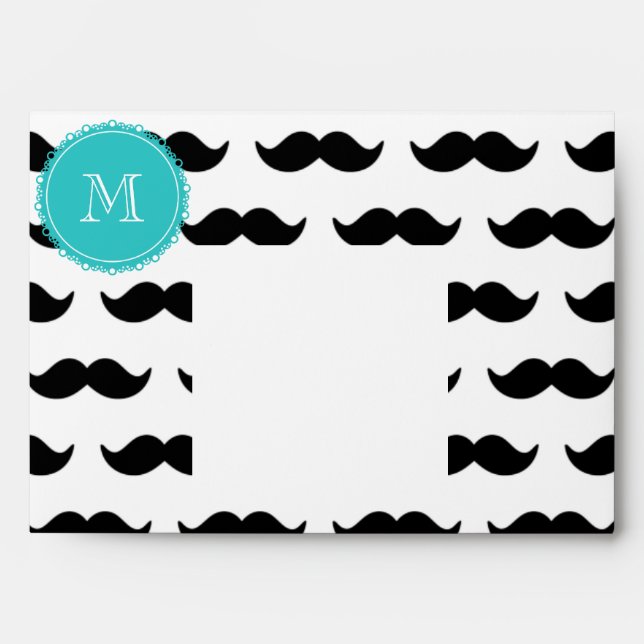 Black Moustache Pattern, Teal Monogram Envelope (Front)