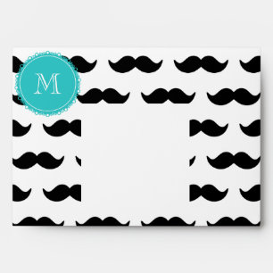 Black Moustache Pattern, Teal Monogram Envelope