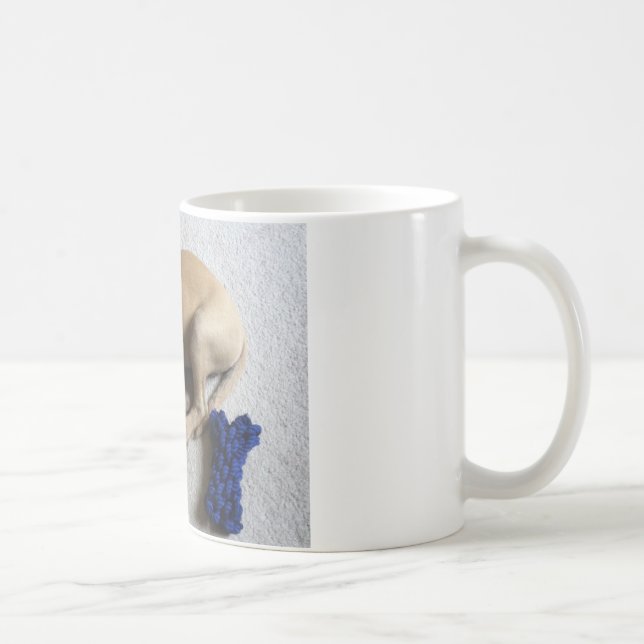 Black-mouth cur puppy with blue toy coffee mug (Right)