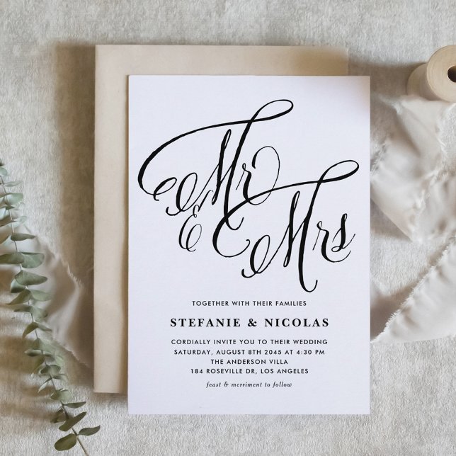 Black Mrs. and Mrs. Rustic Script Wedding Invitation (Black Mr. and Mrs. Rustic Calligraphy Wedding Invitation)