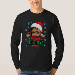 Black Mrs. Claus Hat Peeking Happy Holidays Black T-Shirt