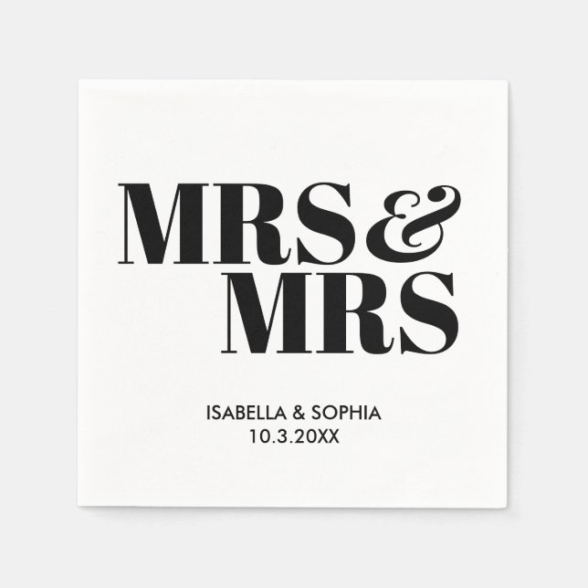 Black Mrs & Mrs Bride Personalised Wedding Napkins (Front)