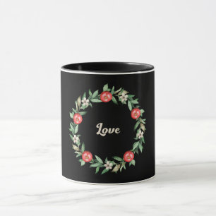 Black Mug with Pink Pomegranate Wreath-Love Print
